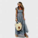 Vestido maxi xadrez com mangas em babados