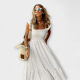 Vestido maxi xadrez com mangas em babados