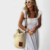 Vestido maxi xadrez com mangas em babados