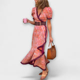 Vestido maxi rosa elegante com mangas curtas