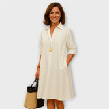 Vestido de camisa moderno com colarinho e mangas três quartos