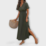 Heather - Vestido boho elegante com decote em V e mangas longas