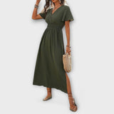 Heather - Vestido boho elegante com decote em V e mangas longas