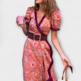 Vestido maxi rosa elegante com mangas curtas