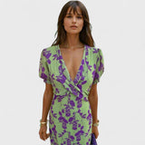 Rúbia - Vestido Cruzado Verde e Lilás