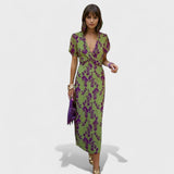 Rúbia - Vestido Cruzado Verde e Lilás