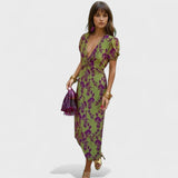 Rúbia - Vestido Cruzado Verde e Lilás
