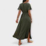 Heather - Vestido boho elegante com decote em V e mangas longas