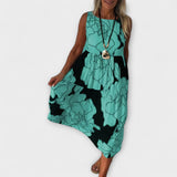 Vestido midi floral com saia de volantes