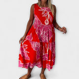 Vestido midi floral com saia de volantes