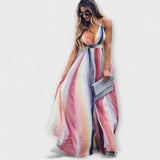 Vestido de senhora com decote em V e riscas multicoloridas