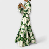 Melina - Vestido maxi verde com mangas longas e decote em V