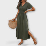 Heather - Vestido boho elegante com decote em V e mangas longas