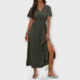 Heather - Vestido boho elegante com decote em V e mangas longas